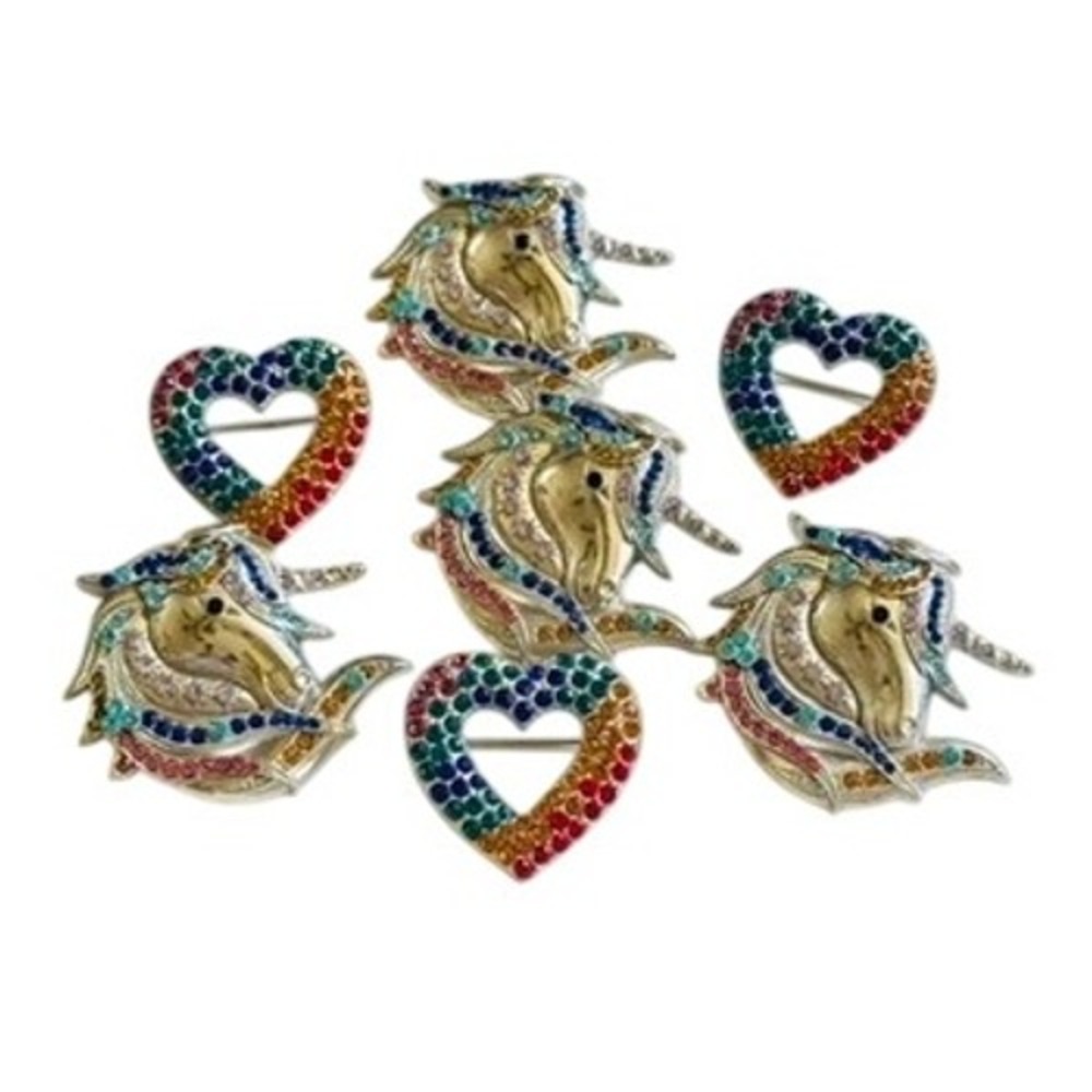 VTG 7 Piece Lot Of Brooch Pin Rainbow Heart Unicorn Fun Figural Pins Rhinestone